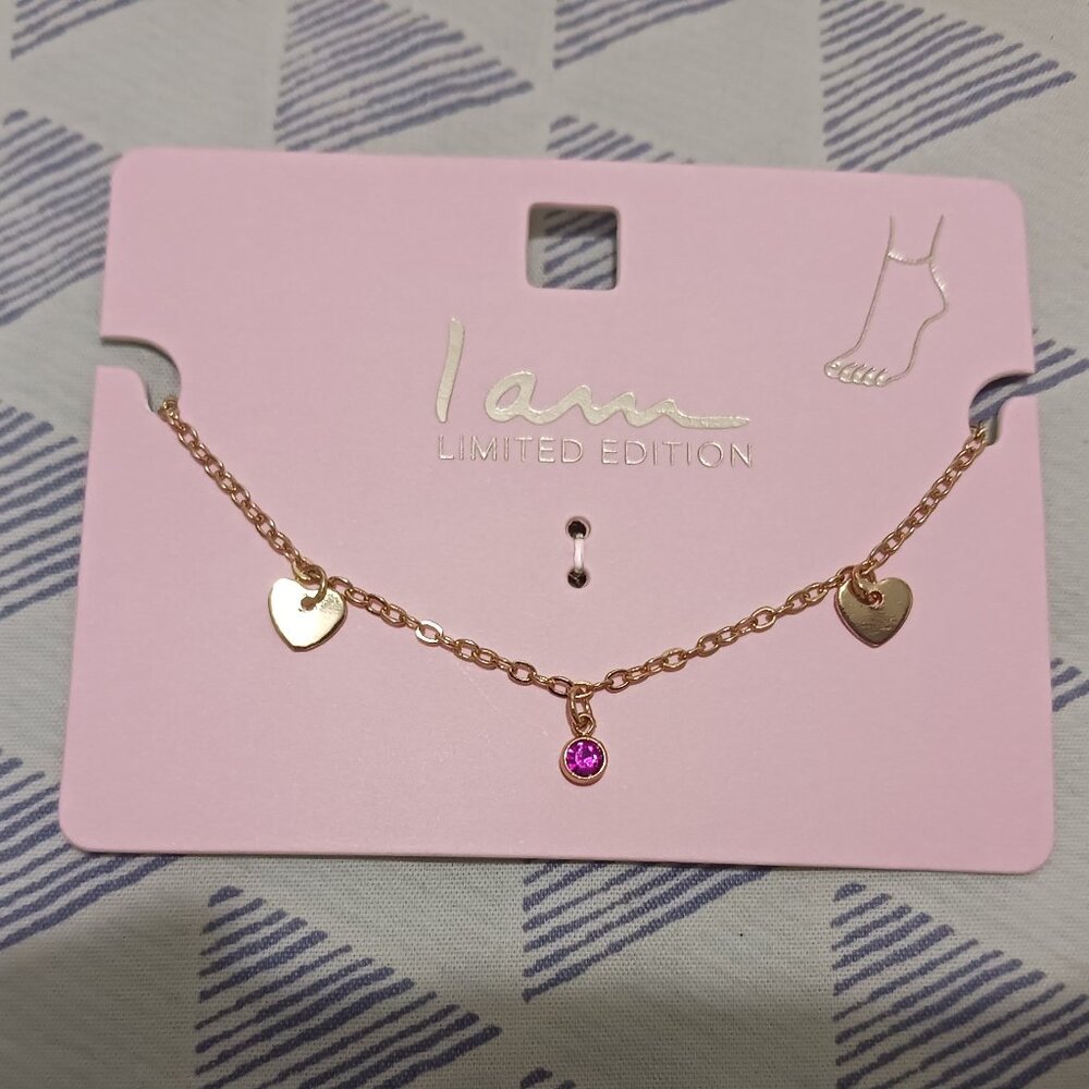 I Am Fashion Jewelry Gold Tone Heart Charm Pink Rhinestone Drop Anklet Boho